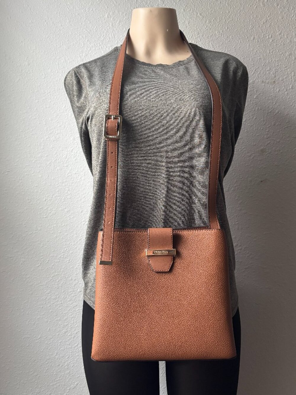 Calvin Klein CK Monogram Tote Bag Cream Tan Faux Leather Trim Shoulder Purse